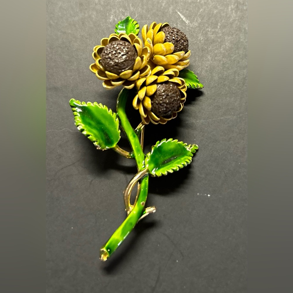 Vintage Enamel Sunflower Brooch with Green Leaves